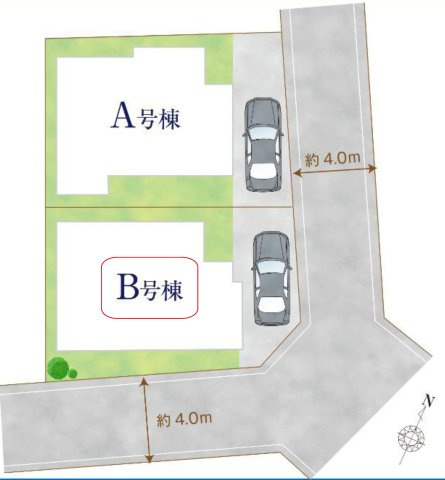 入間市東町4丁目・全2棟　新築一戸建　B号棟の区画図|【全2棟・B号棟】角地、カースペース1台分。