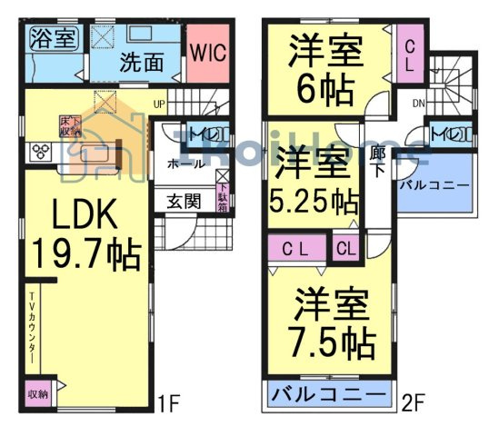 明石市藤が丘1丁目　5期　新築戸建の間取り|●年中無休：当日予約可●LDK19.7帖で広々！テレビカウンターもあります！2カ所ベルコニーで便利！