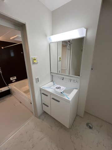 昭島市福島町　新築戸建全1棟の独立洗面台|身だしなみを整えやすく、収納たっぷりの三面鏡付洗面化粧台☆