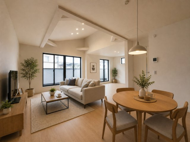 昭島市福島町　新築戸建全1棟の居間・リビング|LDK17.8帖＋6.1帖　※家具はCGイメージです。