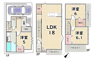 【土地図＋建物プラン例】 | 右京区西京極西向河原町　建築条件なし | 条件付売土地の場合：土地価格1900万円、建物価格1898万円、建築確認申請費用120万円＋外構費用110万円＋水道負担金22万円別途要（税込）、土地先行決済