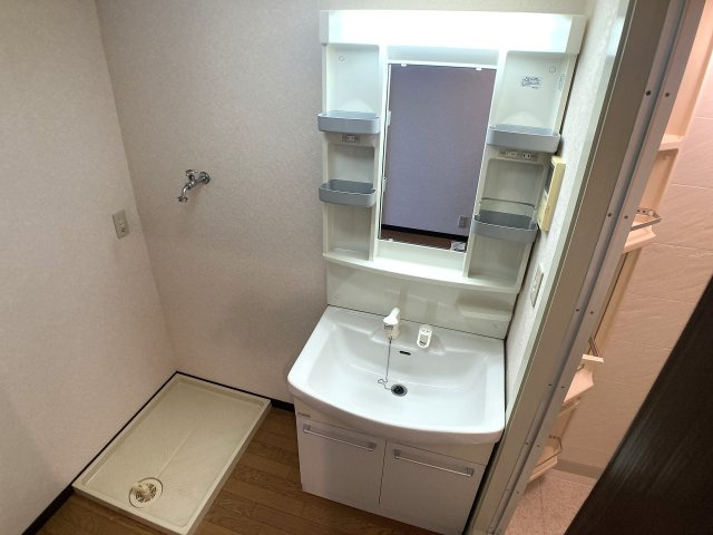 鈴蘭泉台第２ハウス1号棟の洗面所|綺麗なシャワー付き独立洗面、脱衣所も広々してます