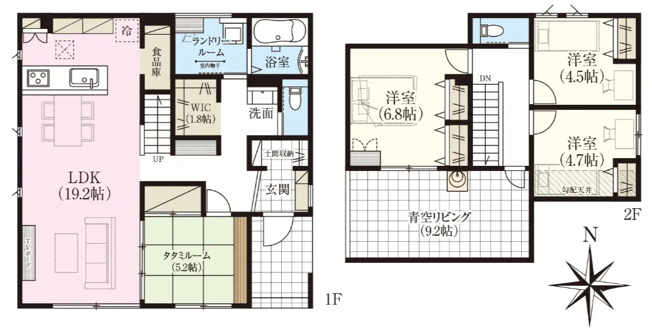 【間取り】 | Ｓｍａｒｔ Ｏｎｅ ＣＩＴＹ 福島市岡部 １号棟 | ４LDK＋土間収納＋ランドリールーム＋WIC＋食品庫＋青空リビング