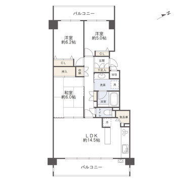 パークハウス中筋＆ガーデンの間取り|一体的な空間として過ごせるリビングと和室は合わせて20帖超。ゆとりのある団らん空間です。