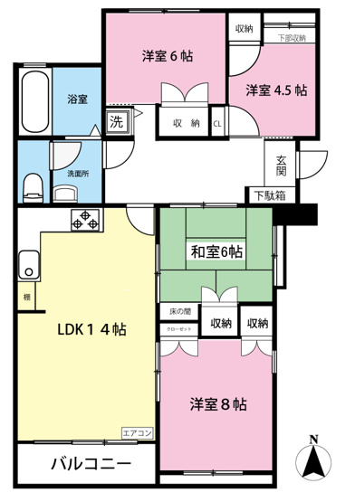 【間取り】 | 井上マンション | 和室と洋室のあるファミリーさん向けの4LDK！リビングダイニングキッチンは14帖もあります☆なんと言っても角部屋・二面採光なのが嬉しい♪