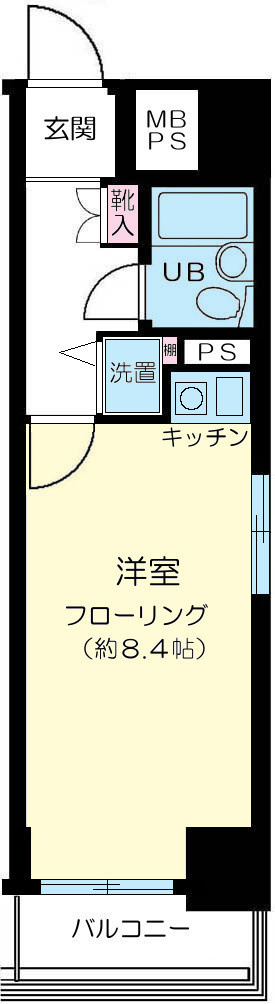 藤和シティコープ大森の間取り|間取り　西向きバルコニーの1R洋室8.4帖