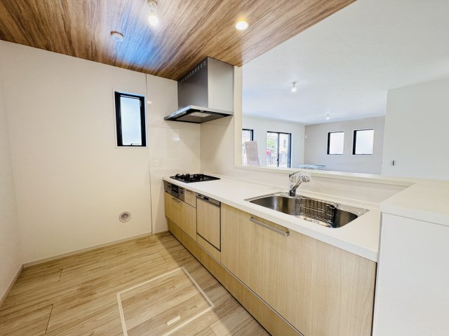 柏市加賀２丁目新築戸建（加賀２期）のキッチン|お手入れしやすいレンジフード・シンクの水栓には浄水器がついてます！