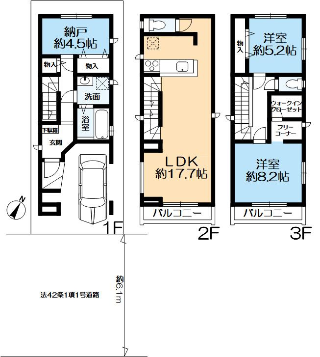 魚崎南町6丁目新築戸建B号棟の間取り|約17.7帖のゆとりあるLDKや全居室に収納を完備。
1階の大型納戸は、趣味の部屋やワークスペースとしても多用途に使えます。