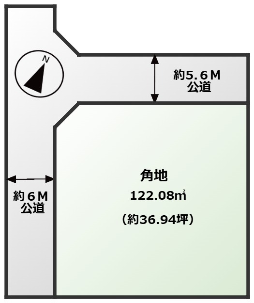 所沢市下富中古戸建の区画図|北側約5.6m、西側約6mのゆったりとした公道に面しており、陽当たりや風通し、駐車のしやすさも良好です。理想のマイホームを叶える好条件が揃った極上の一筆です！