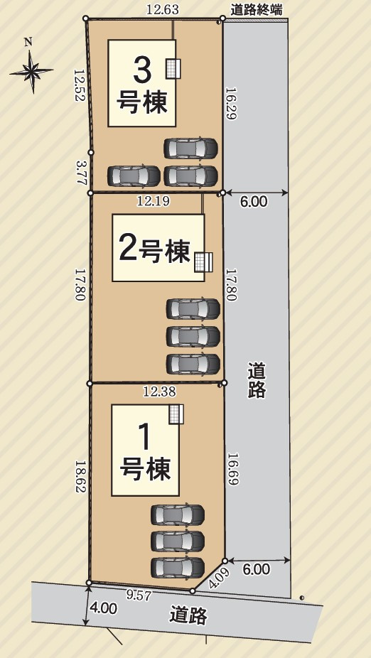 クレイドルガーデン高松市高松町第１◇光熱費の負担の軽減が可能なオール電化住宅ですの区画図|全体区画図
各棟、駐車場スペースは３台以上のゆったりとした区画で広い敷地にゆったりとした配置で住宅が建てられ、日照や通風にも十分に配慮されています。