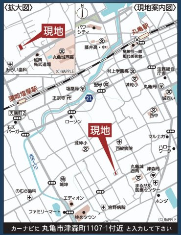 クレイドルガーデン丸亀市津森町第２◇耐震等級３取得の地震に強いオール電化住宅です！の地図|カーナビ表示：丸亀市津森町1107-1