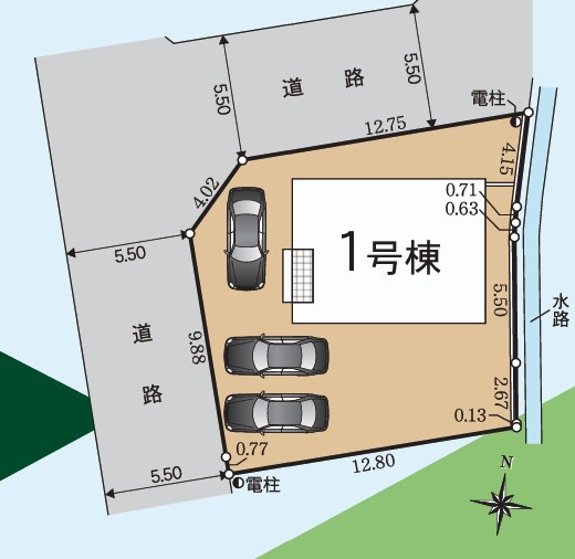 クレイドルガーデン丸亀市今津町第４　１号棟の区画図|全体区画図
各棟、駐車場スペースは３台以上のゆったりとした区画で将来の増台にも対応可能です。