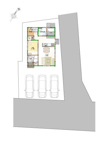 高松市室新町オール電化住宅①食洗器や網戸等が設置されているオール電化住宅！の区画図|駐車場スペースは３台で並列駐車が可能なゆったりとした区画です。
