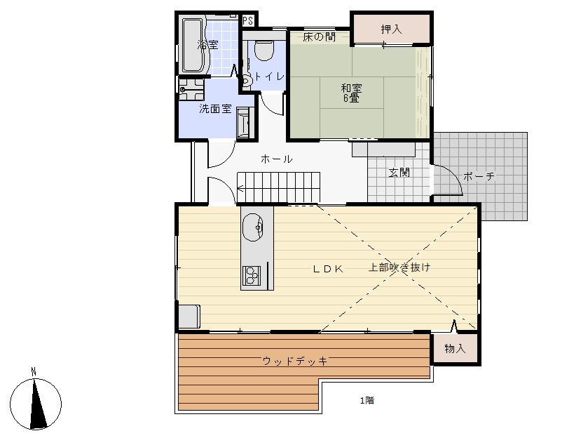 久留米市宮ノ陣４丁目　中古戸建の間取り|１階のリビングは吹き抜けになっています。
