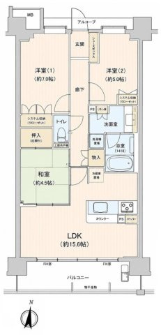 サンクタス城東深江橋の間取り|中古マンション　LDK　専有面積：72.32㎡（壁芯）　バルコニー面積：12.80㎡　南向き