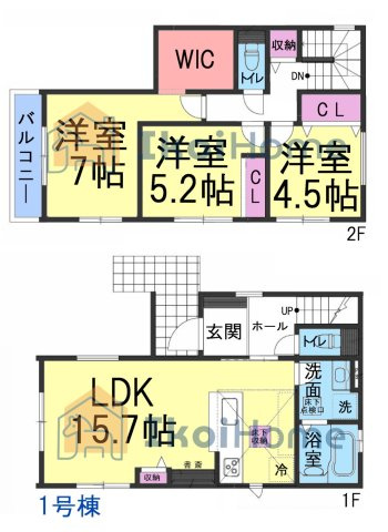 神戸市西区狩場台２丁目　全２棟１号棟　新築戸建　の間取り|【ホームページに現地動画掲載中】●年中無休：当日予約可●LDK15.7帖！2階洋室3部屋＋WIC有！