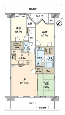 リンク・シティ小手指A棟の間取り|家族でゆったり過ごせるLDK18.1帖、WIC2ヶ所、全居室6帖以上、日当たり・眺望良好な6階部分のお部屋です。