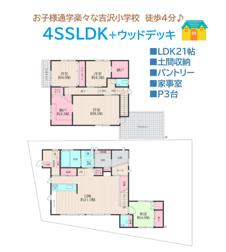 平塚市上吉沢　中古戸建　81.64坪の間取り|「土間収納」や「パントリー」など収納豊富で、お片付けも楽々です！　
家族集まる「LＤＫ」はゆったり２１帖！