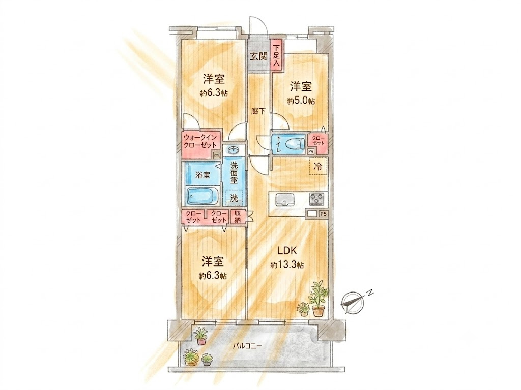 コスモ保土ヶ谷パークフォルムの間取り|3LDK、価格2890万円、専有面積67.2m2、バルコニー面積10.8m2  【LDK　13.3帖】 【洋室　6.3帖・6.3帖・5.0帖】