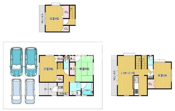 葛飾区東新小岩2丁目中古住宅の間取り|全室6帖以上！4LDK・カースペース4台。新規リフォーム施工が完了いたしましたのでいつでも内覧が可能です。