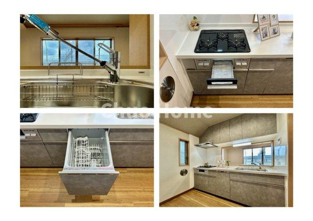葛飾区東新小岩2丁目中古住宅のキッチン|【システムキッチン】ワイドで収納豊富な使い勝手の良いカウンターキッチンには、食洗器・伸縮タイプのキッチン水栓、三ツ口コンロ・魚焼きグリルなどの便利な設備が標準完備されています。