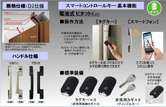 リーブルガーデン高松市仏生山町第七◇2026年度補助金対象の長期優良住宅です！の防犯設備|玄関ドアはピッキング対策に優れる2ロックに加え、防犯性に優れるスマートキーを標準採用しています。