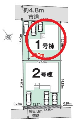 西尾市一色町生田01期　新築分譲住宅　全2棟　1号棟の区画図