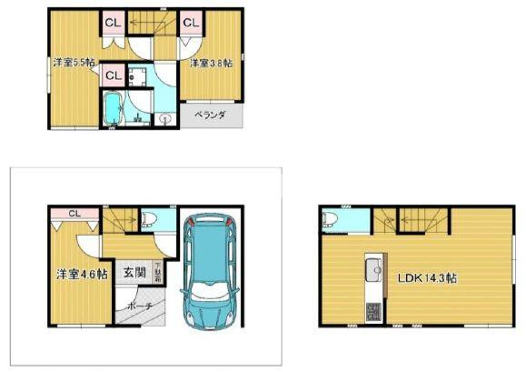 荒川区西尾久6丁目中古住宅の間取り|3LDK・カースペース。新規リフォーム施工が完了いたしましたのでいつでも内覧が可能です。