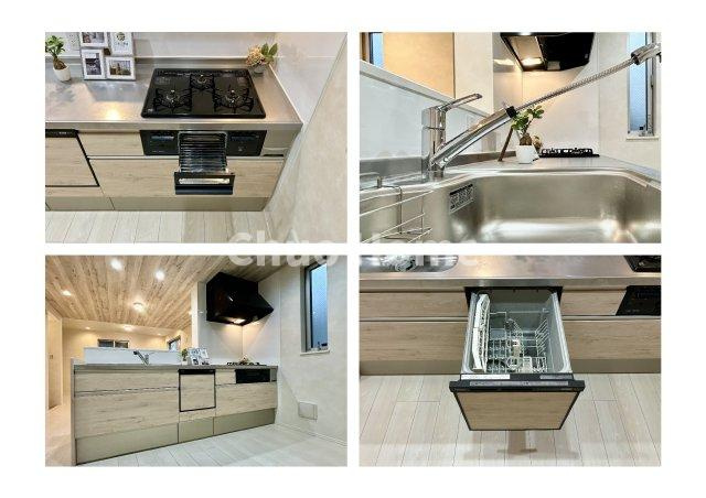 荒川区西尾久6丁目中古住宅のキッチン|【システムキッチン】ワイドで収納豊富な使い勝手の良いカウンターキッチンには、食洗器・伸縮タイプのキッチン水栓、三ツ口コンロ・魚焼きグリルなどの便利な設備が標準完備されています。