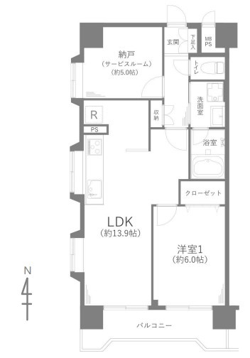 キャニオンビュー光が丘の間取り|キャニオンビュー光が丘：南向き角部屋につき陽当り良好！全居室に窓が付いており空気の入れ替えが出来る１ＳＬＤＫリノベーション物件は居室としても使えるサービスルーム付き！