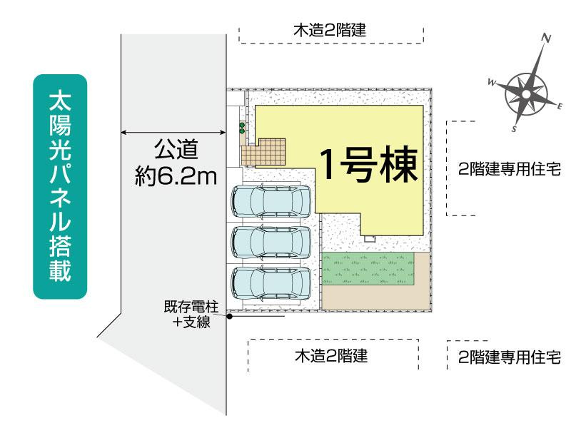 久喜市鷲宮4丁目　1号棟　区画図　並列3台駐車可能です。前面道路は6.2ｍあり、車の出し入れもラクラクです♪