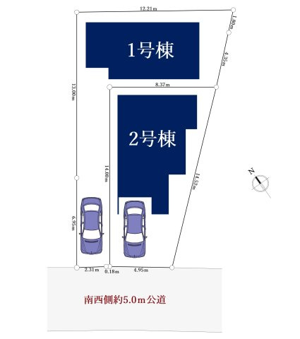 和光市下新倉4丁目 全2棟 1号棟の区画図| 【南西側約5.0ｍ公道に面した全2棟】
陽当り・風通し良好な好立地に誕生いたしました♪♪
是非現地にて実際にご見学ください！