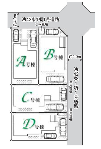 新築／富士見市水谷東　全4棟の区画図|駐車スペースあり（車種による）