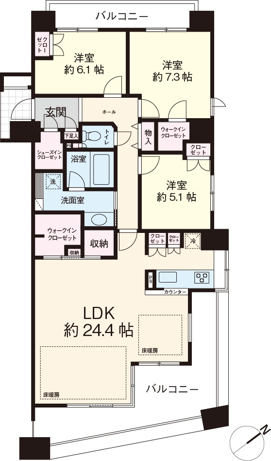 オーシャンビュー。令和8年8月中旬フルリフォーム完了予定。LDK約24.4帖。廊下に接するお部屋がなくプライバシー性の高い間取です。両面バルコニー。
