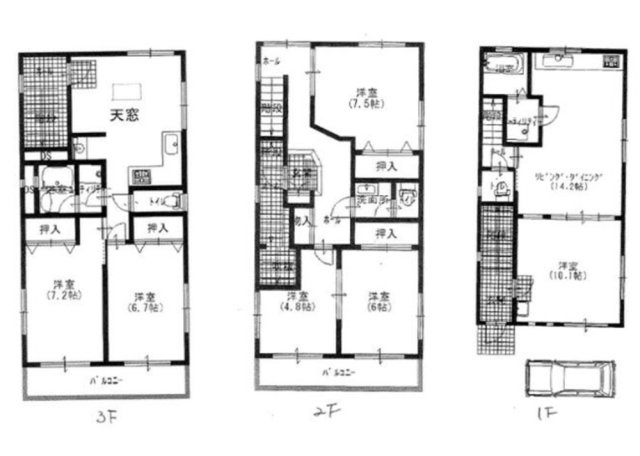 御影石町2丁目の間取り|キッチン・浴室・洗面が1・3階にある、二世帯住宅です。