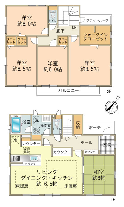 5LDK、1階62.26㎡、2階62.26㎡、延床面積124.52㎡。