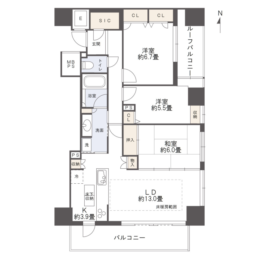 ライオンズタワー岡山表町の間取り|専有面積：82.95㎡、3LDKの二面バルコニー、東南角部屋のため、開放感があります。玄関横には収納豊富なシューズインクローゼットもあり、便利です。