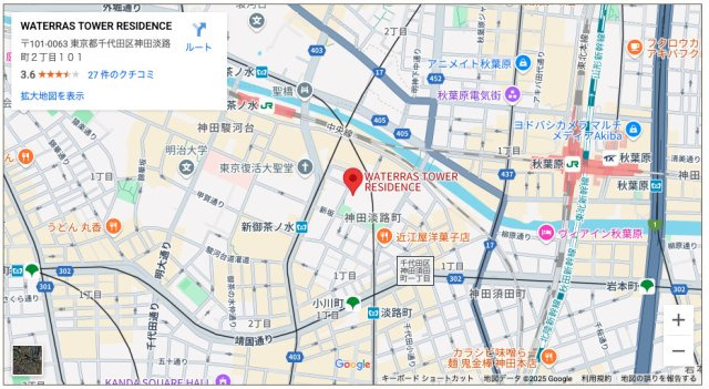 ★仲介手数料無料★WATERRAS TOWER RESIDENCE（再開発プロジェクト　新御茶ノ水から秋葉原のランドマーク的物件）の地図