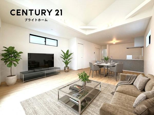 横浜市旭区南希望が丘の新築一戸建の居間・リビング|自慢したくなるリビング！
形も良く家具の配置にも困りません。
※家具等はＣＧでの参考レイアウトです。