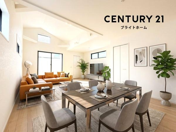 横浜市旭区南希望が丘の新築一戸建の居間・リビング|窓からは明るい光が差し込みます！
電気をつけなくても明るいです。
※家具等はＣＧでの参考レイアウトです。
