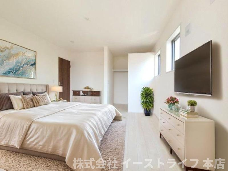 【新築戸建】　いわき市常磐下船尾町1期　長期優良住宅　全3棟の寝室|1号棟の寝室家具配置イメージ　本画像はCGで作成しており、実際に現地に 家具は置かれておりません。また、価格に 家具は含まれておりません。