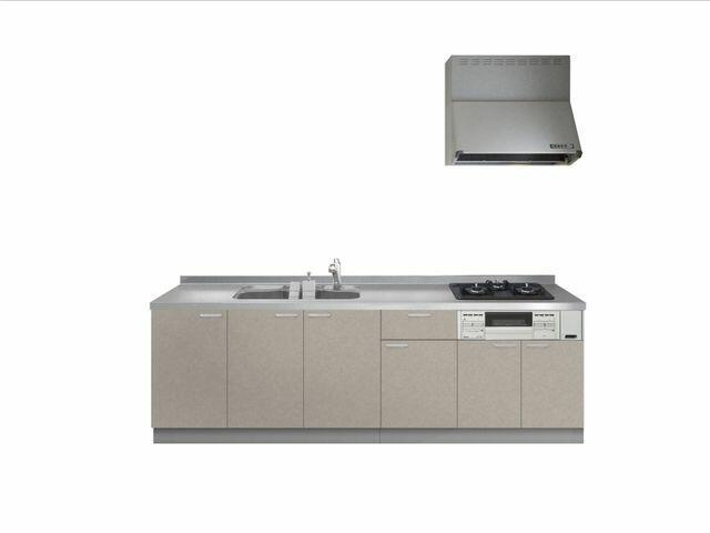 八代郡氷川町鹿野の中古一戸建のキッチン|【同仕様写真】キッチンはハウステック製のシステムキッチンに新品交換です。部屋の雰囲気に合わせて扉色はグレーを採用しました。横幅も255cmタイプの物なのでキッチンが広々と使えます。