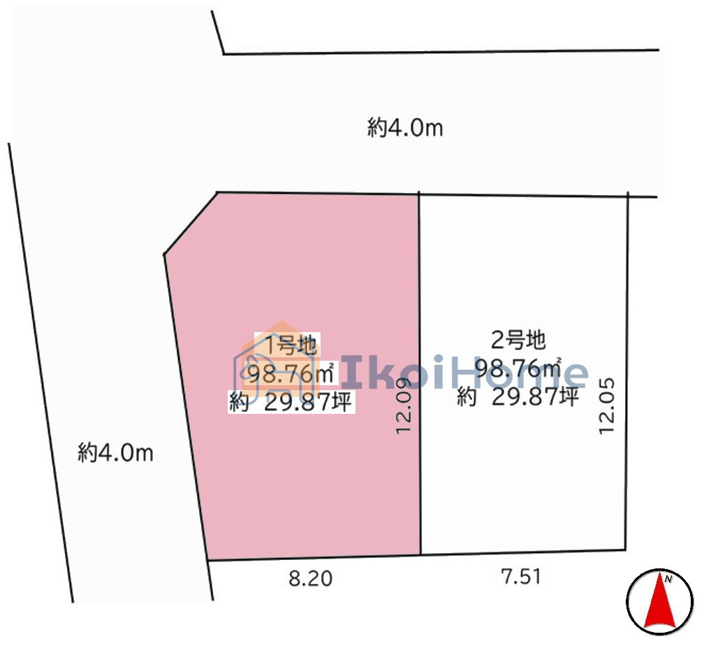 明石市朝霧町3丁目　全2区画　土地　1号地の土地図|●年中無休：当日予約可●1号地は通風採光良好＆開放的な角地です！