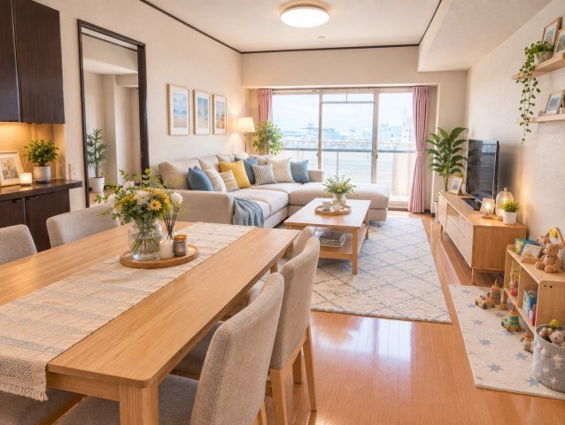 南港はなのまち住宅36号棟の居間・リビング|約15帖のLDKは、ソファやダイニングセットを置いてもゆとりのある広さ
南西向きの窓から自然光が差し込み、夕方近くまで明るい空間が広がります

※画像は家具をレイアウトした場合のイメージです
