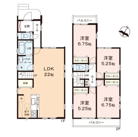 ふじみ野市旭１丁目の新築一戸建の間取り|22帖の広々LDKはご家族もゆったりくつろげる空間です。
