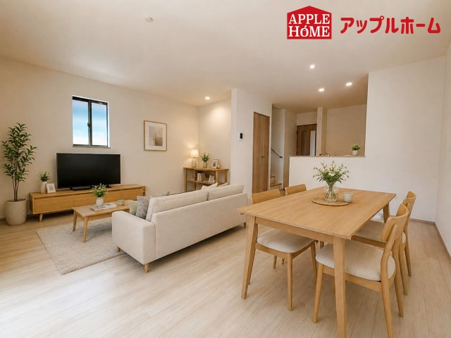 さいたま市北区本郷町1065番の居間・リビング|人気の対面式キッチンで会話も弾みます！お食事の準備をしながらでもご家族とのコミュニケーションを楽しめますね♪
※家具はCGです
