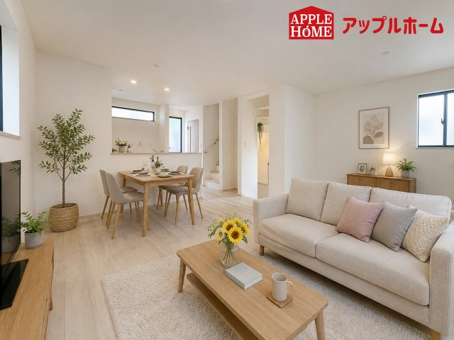 さいたま市北区大成町4丁目　全3棟の居間・リビング|人気の対面式キッチンで会話も弾みます！お食事の準備をしながらでもご家族とのコミュニケーションを楽しめますね♪
※家具はCGです