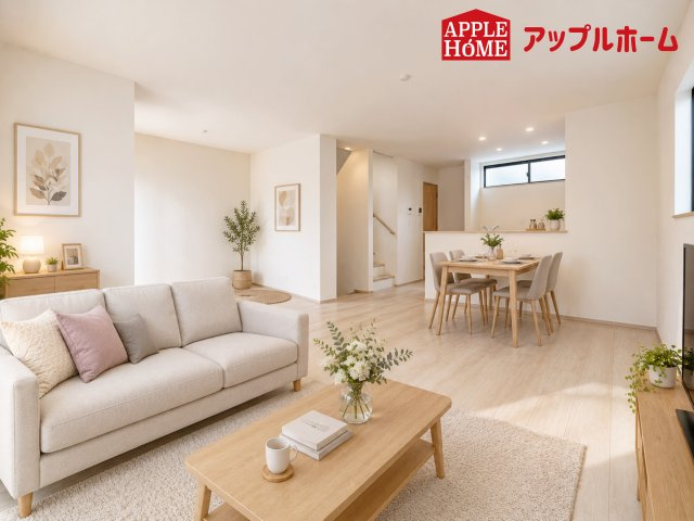 さいたま市北区大成町4丁目　全3棟の居間・リビング|人気の対面式キッチンで会話も弾みます！お食事の準備をしながらでもご家族とのコミュニケーションを楽しめますね♪
※家具はCGです