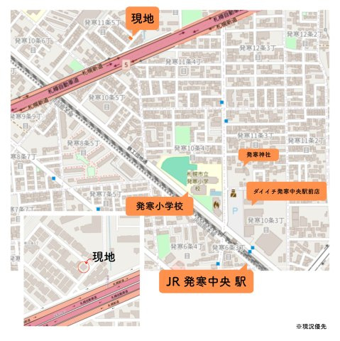 発寒11条5丁目土地の地図|JR発寒中央駅　徒歩10分
発寒小学校　徒歩7分
ダイイチ発寒中央駅前店　徒歩10分