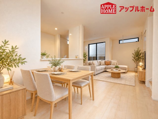 さいたま市北区宮原町第3の居間・リビング|人気の対面式キッチンで会話も弾みます！お食事の準備をしながらでもご家族とのコミュニケーションを楽しめますね♪
※家具はCGです
